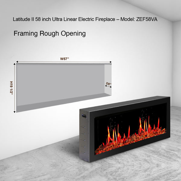 Litedeer Latitude II 58" Seamless Push-in Electric Fireplace + Reflective Fire Glass (Luster Copper)-Framing