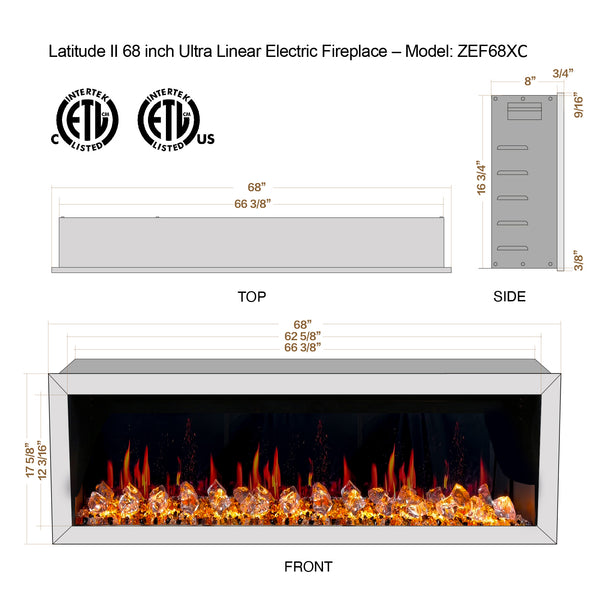 Litedeer Latitude II 68" Seamless Push-in Electric Fireplace + Acrylic Crushed Ice Rocks-Dimensions
