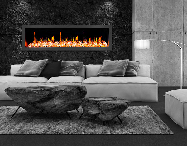 Litedeer Latitude II 68" Seamless Push-in Electric Fireplace + Acrylic Crushed Ice Rocks-Living Room