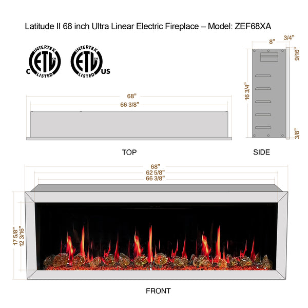 Litedeer Latitude II 68" Seamless Push-in Electric Fireplace + Reflective Fire Glass (Luster Copper)-Dimensions