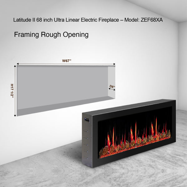 Litedeer Latitude II 68" Seamless Push-in Electric Fireplace + Reflective Fire Glass (Luster Copper)-Framing