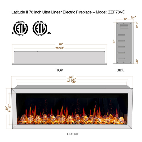 Litedeer Latitude II 78" Seamless Push-in Electric Fireplace + Acrylic Crushed Ice Rocks-Dimensions