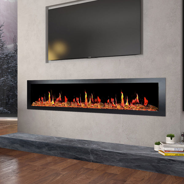 Litedeer Latitude II 78" Seamless Push-in Electric Fireplace + Reflective Fire Glass (Luster Copper)-Lifestyle Right