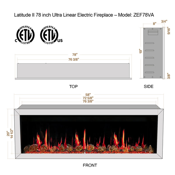 Litedeer Latitude II 78" Seamless Push-in Electric Fireplace + Reflective Fire Glass (Luster Copper)-Dimensions