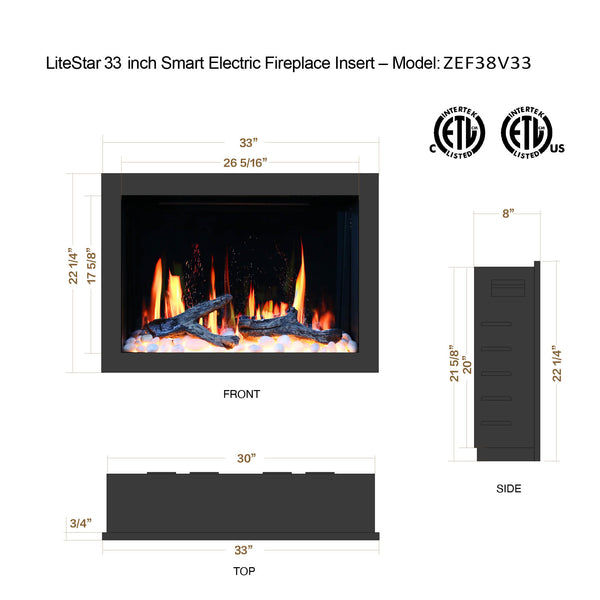 Litedeer LiteStar 33 inch Smart Electric Fireplace Inserts-Dimensions