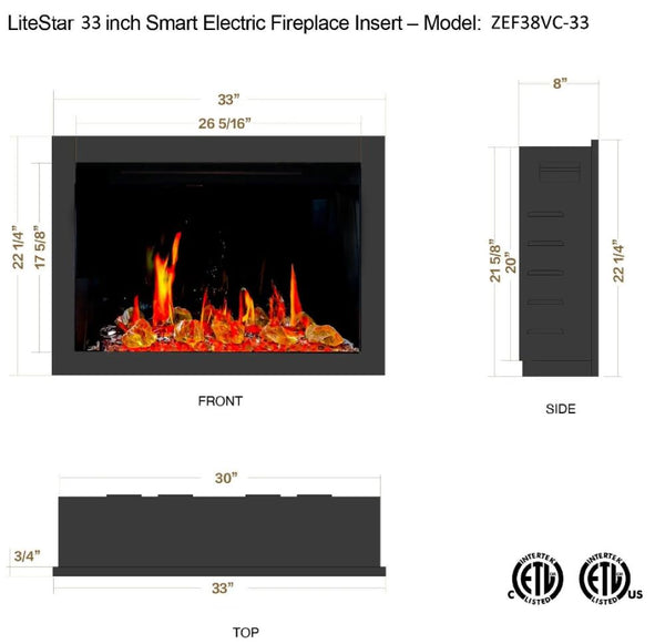 Litedeer LiteStar 33 inch Smart Electric Fireplace Inserts (Crystal Pebble)-Dimensions