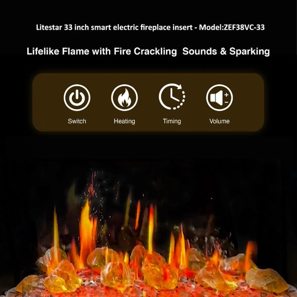 Litedeer LiteStar 33 inch Smart Electric Fireplace Inserts (Crystal Pebble)-Heat Settings