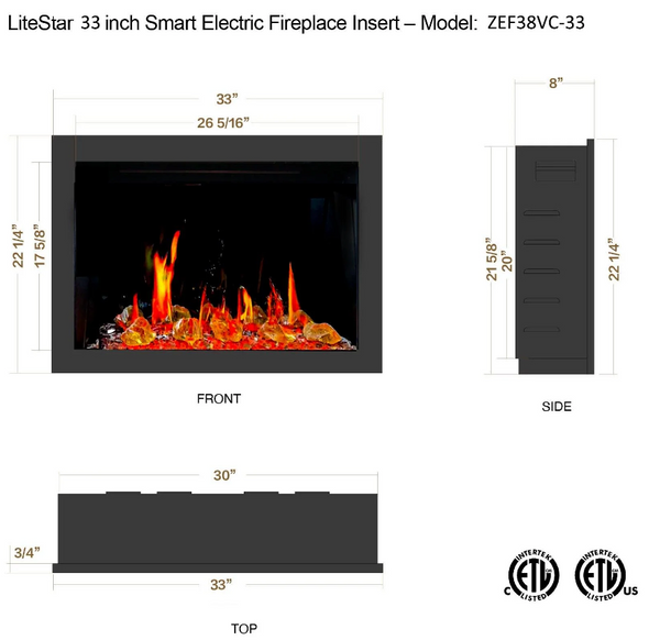 Litedeer LiteStar 33 inch Smart Electric Fireplace Inserts (Luster Copper - Amber Glass)-Dimensions