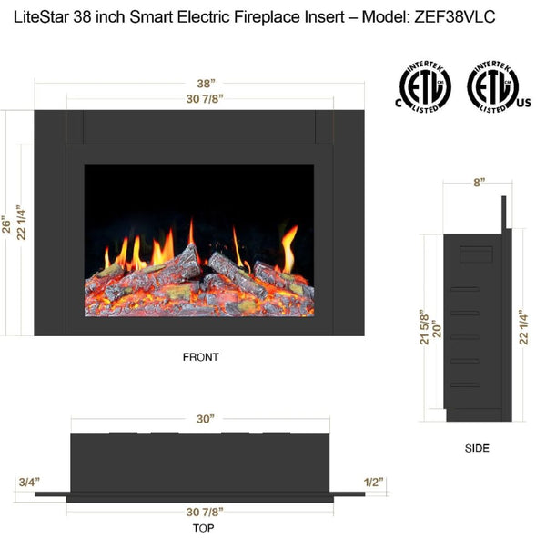 Litedeer LiteStar 38 inch Smart Electric Fireplace Inserts-Dimensions