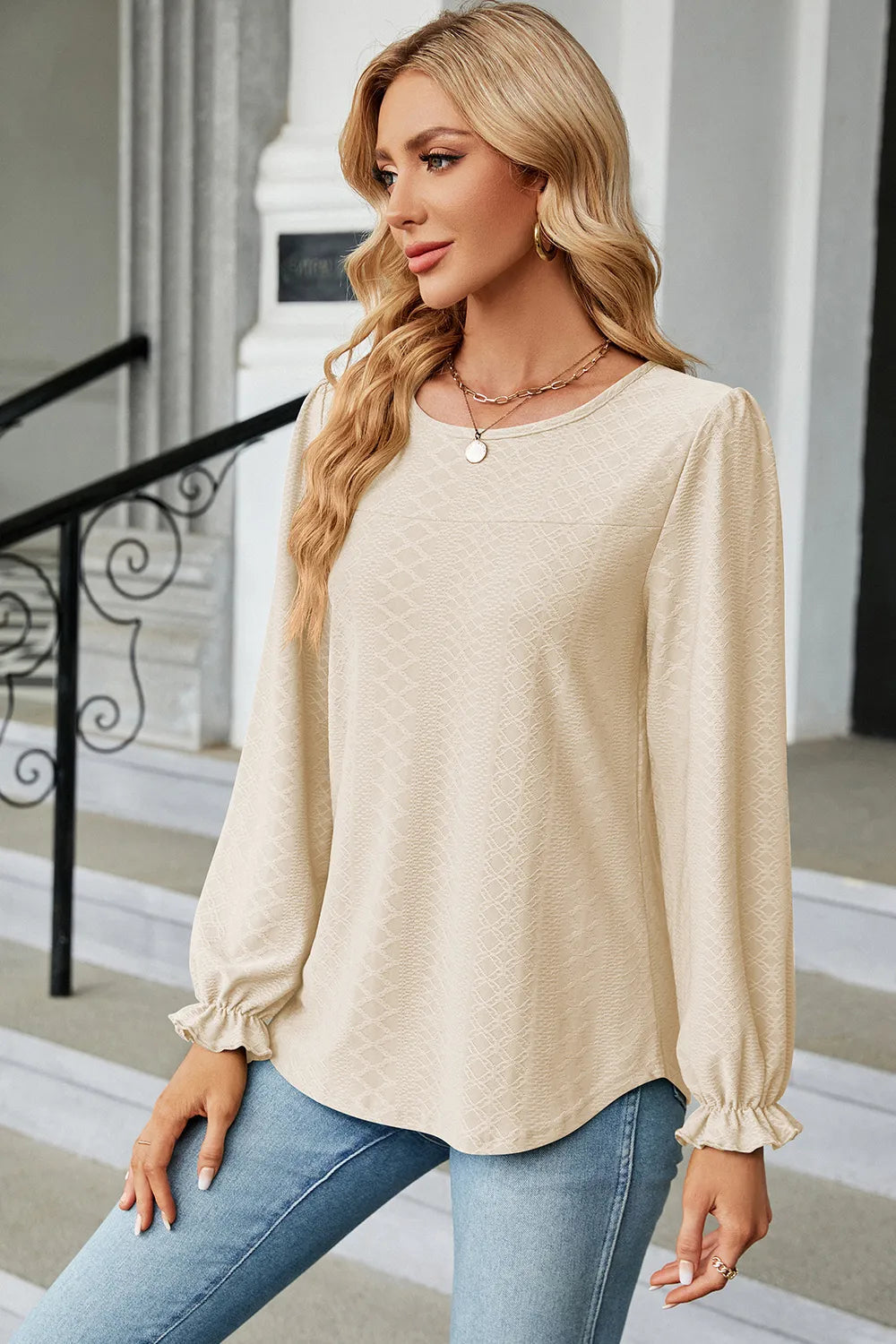 Round Neck Flounce Sleeve T-Shirt – Feminine Casual Wear
