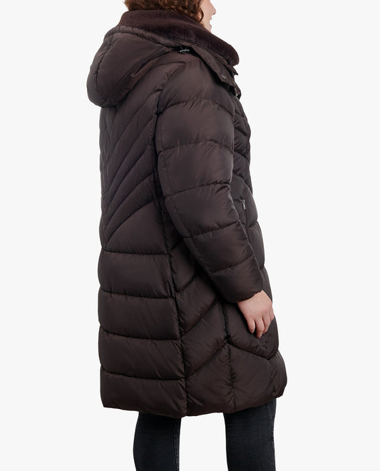 Zip-Front Long Length Puffer Jacket with Zip-Off Fur Trim Hood