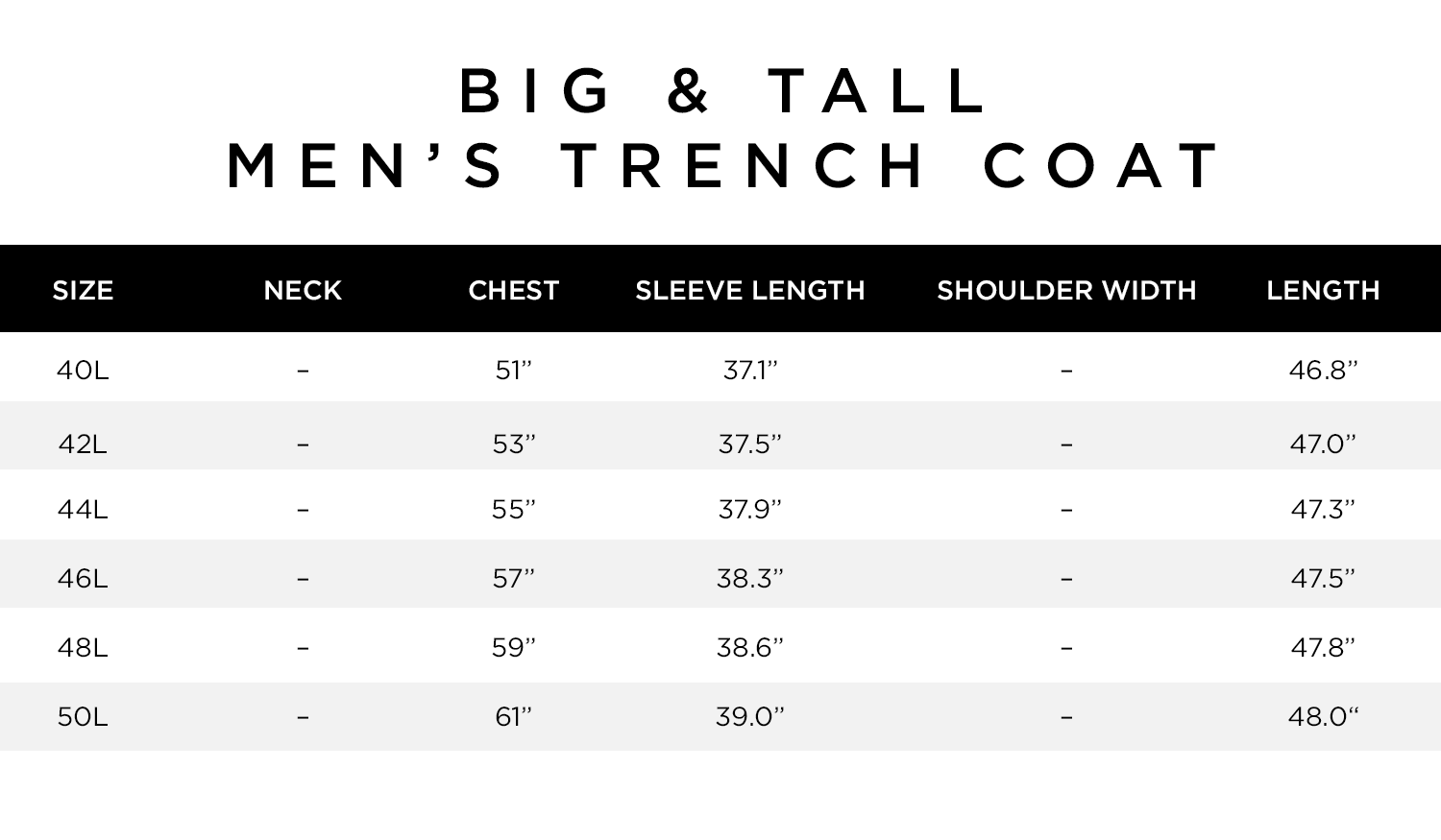 Big and Tall Men's Trench Coat Size Chart