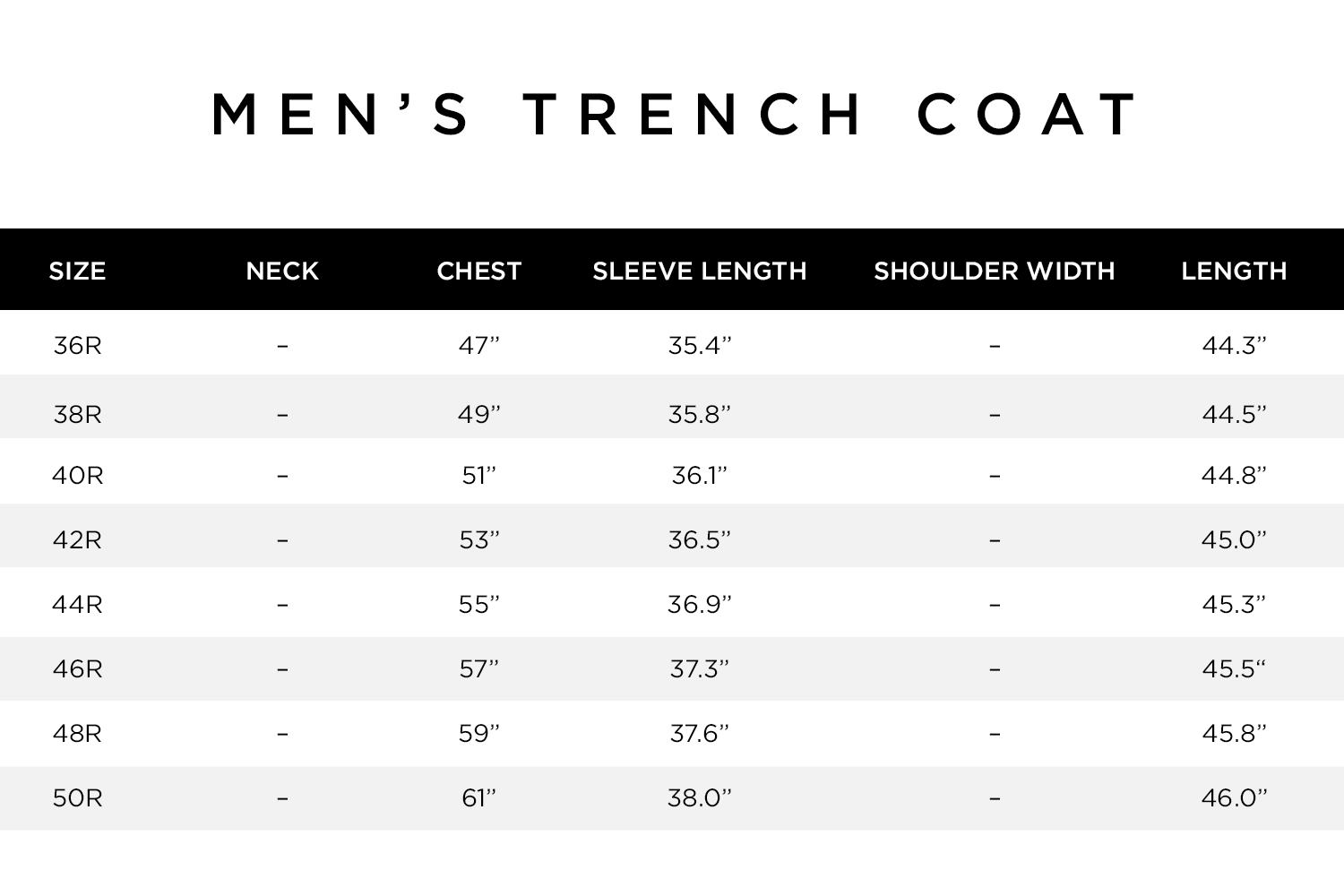 Men's Trench Coat Size Chart