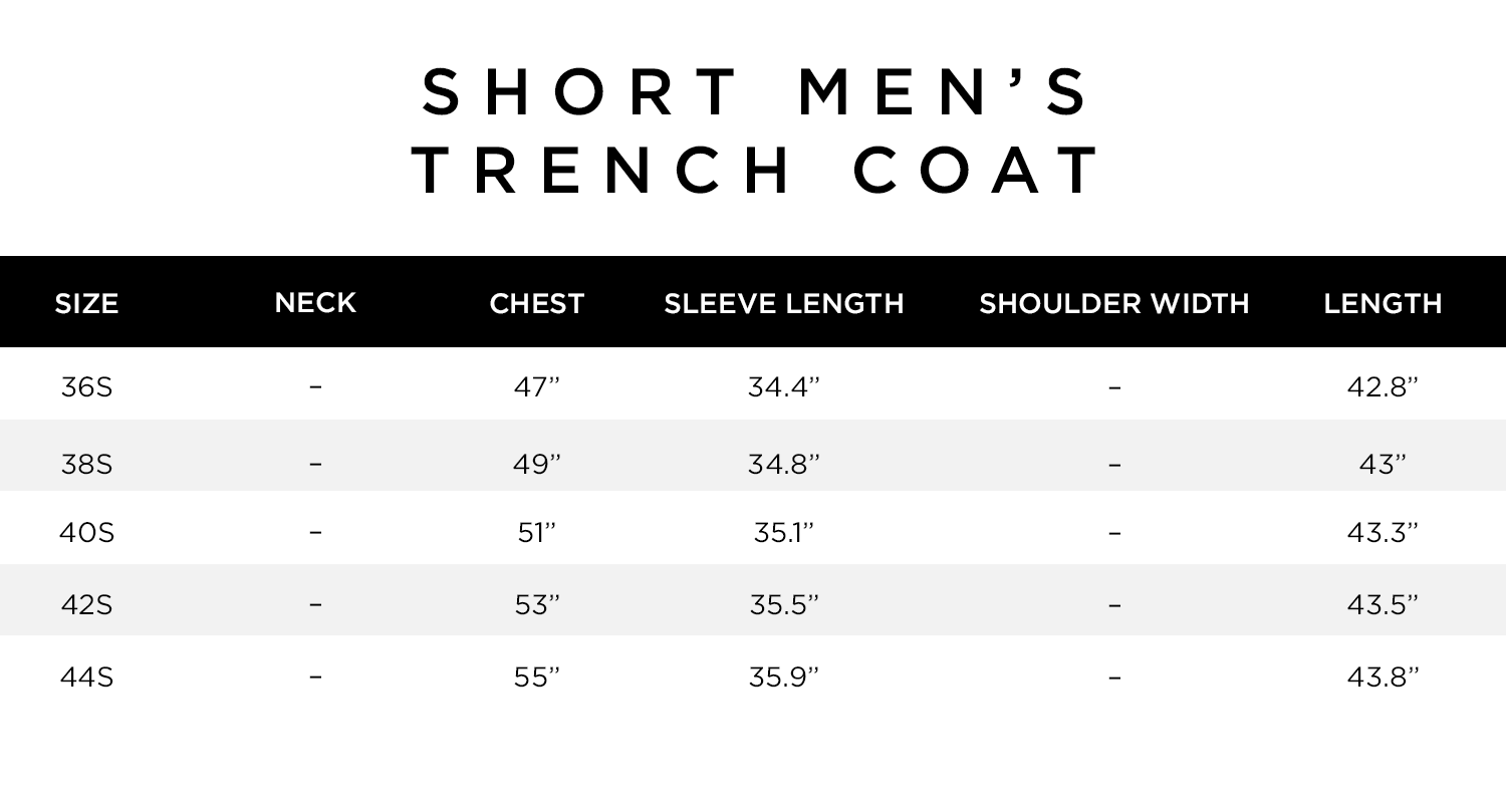 Short Men's Trench Coat Size Chart