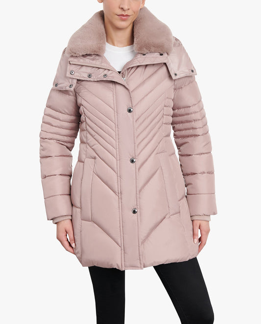 Zip-Front Long Length Puffer Jacket with Zip-Off Fur Trim Hood