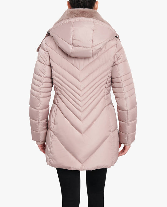 Zip-Front Long Length Puffer Jacket with Zip-Off Fur Trim Hood