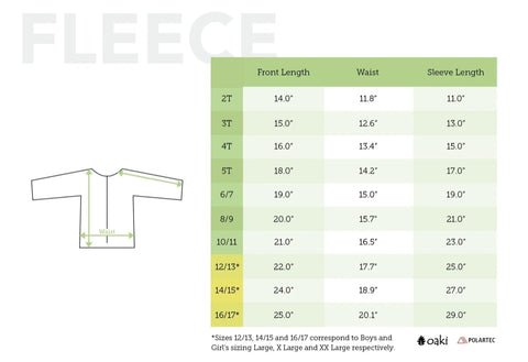 Oakiwear Fleece Jacket Sizing Chart