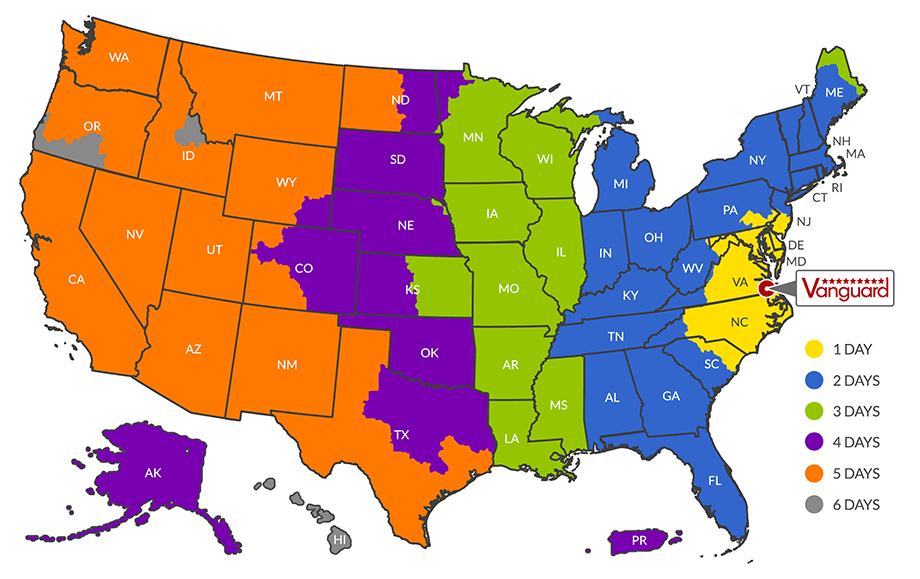 Delivery time by state based on shipping from our West coast warehouse