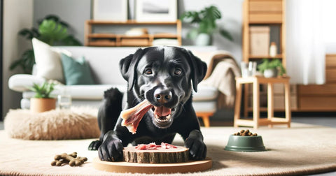 Een labrador al kauwend gelukkig