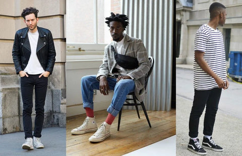 Three men showcase different streetwear styles featuring high top sneakers