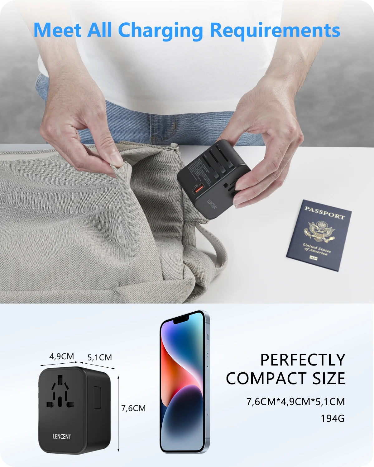 محول سفر دولي من LENCENT بقوة 65 واط/100 واط بتقنية GaN، مزود بـ 2 منفذ USB من النوع C، وشاحن سريع بتقنية GaN، مع قابس أوروبي وأسترالي وأمريكي وبريطاني للسفر - KHOY