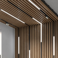 custom wood panels with lights reception area