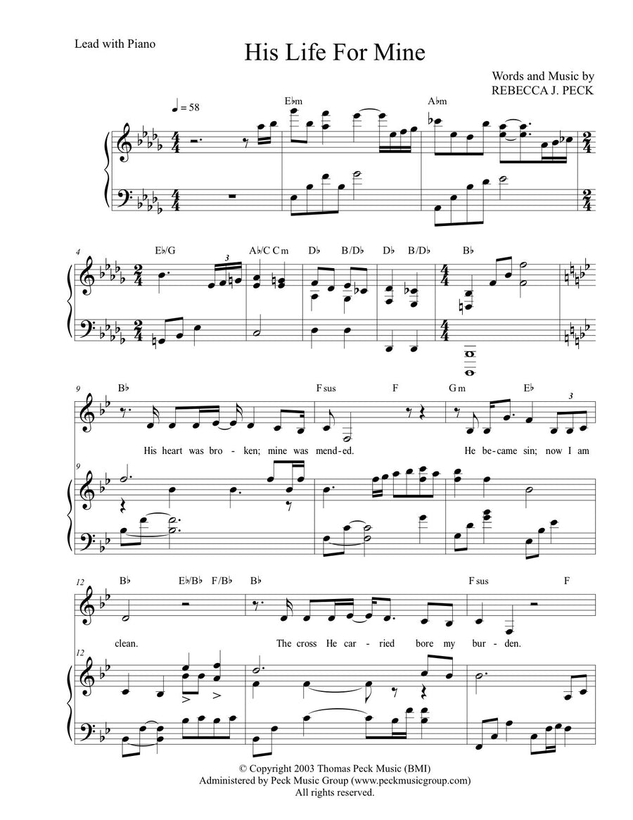 His Life For Mine - sheet music| Peck Music Publishing
