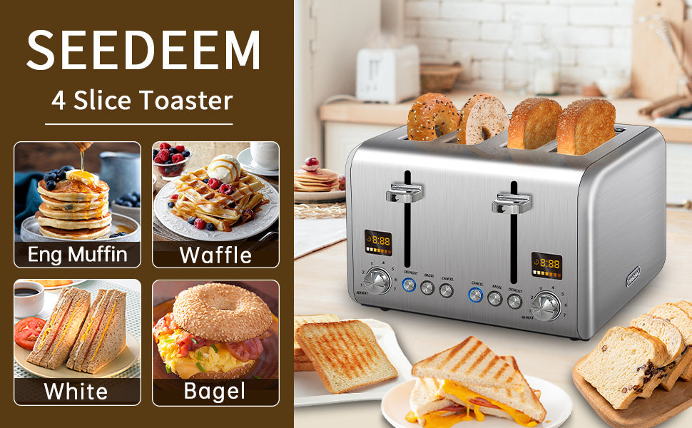SEEDEEM Toaster 4 Slice, Stainless Toaster LCD Display, Touch Button, 6 Bread Selection, 7 Shade Setting, 1.4''Wide Slots Toaster Cancel, Defrost
