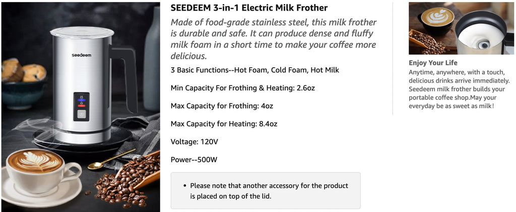 SEEDEEM Milk Frother, Electric Milk Frother, 3-in-1 Stainless
