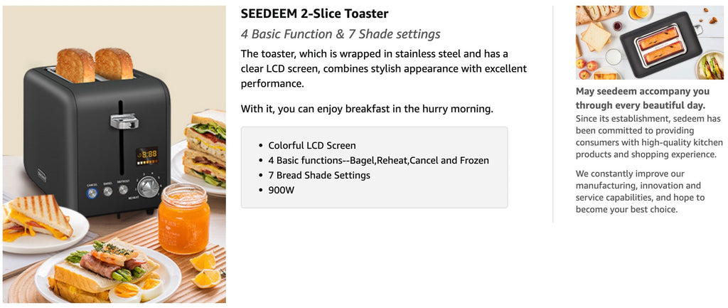 SEEDEEM Toaster 2 Slice, Stainless Steel Bread Toaster with Colorful LCD Display, 7 Bread Shade Settings, 14 Wide Slots Toaster