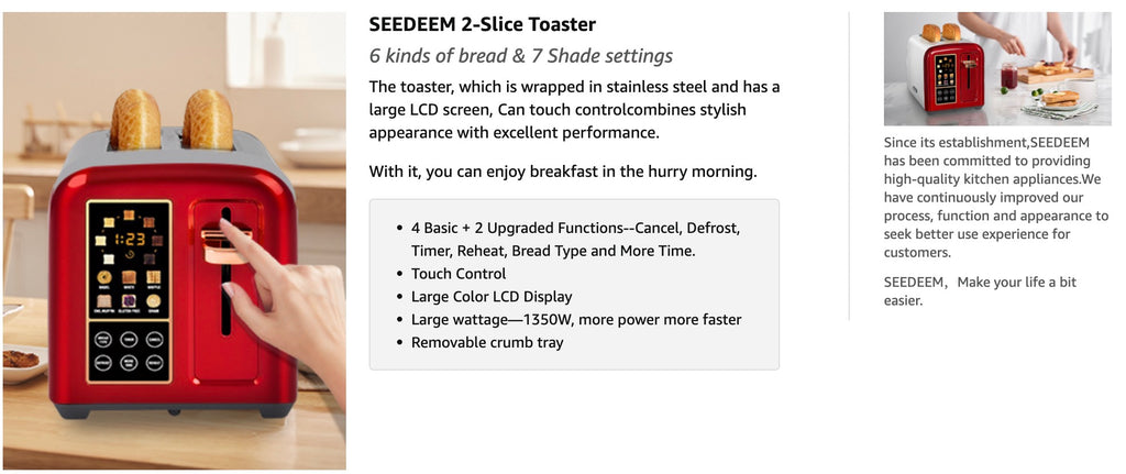  SEEDEEM Toaster 4 Slice, Stainless Toaster LCD Display &Touch  Buttons, 6 Bread Selection, 7 Shade Settings, 1.5''Wide Slots Toaster,  Cancel/Defrost/Reheat, Removable Crumb Tray, 1800W, Silver Metallic: Home &  Kitchen