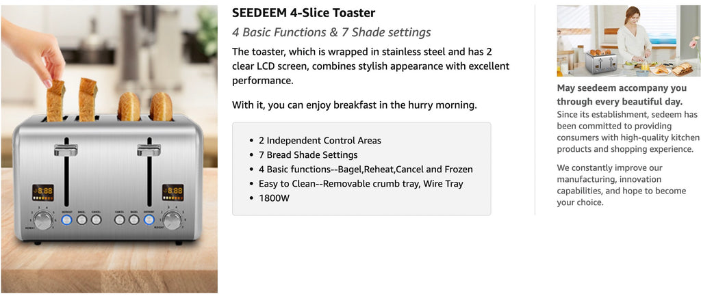 SEEDEEM 4 Slice Toaster, Stainless Bread Toaster Color LCD Display, 7 Bread  Shade Settings, 1.5'' Wide Slots Toaster with Bagel/Defrost/Reheat