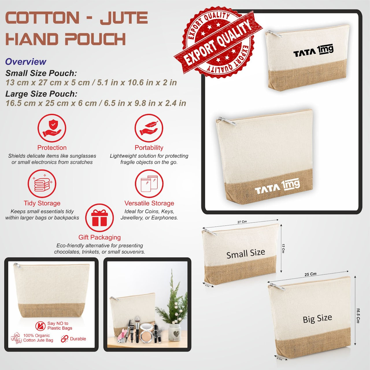 Customized jute pouch in small and big sizes, perfect for storage, featuring a design by The Gifting Marketplace. Personalized cotton jute pouch.