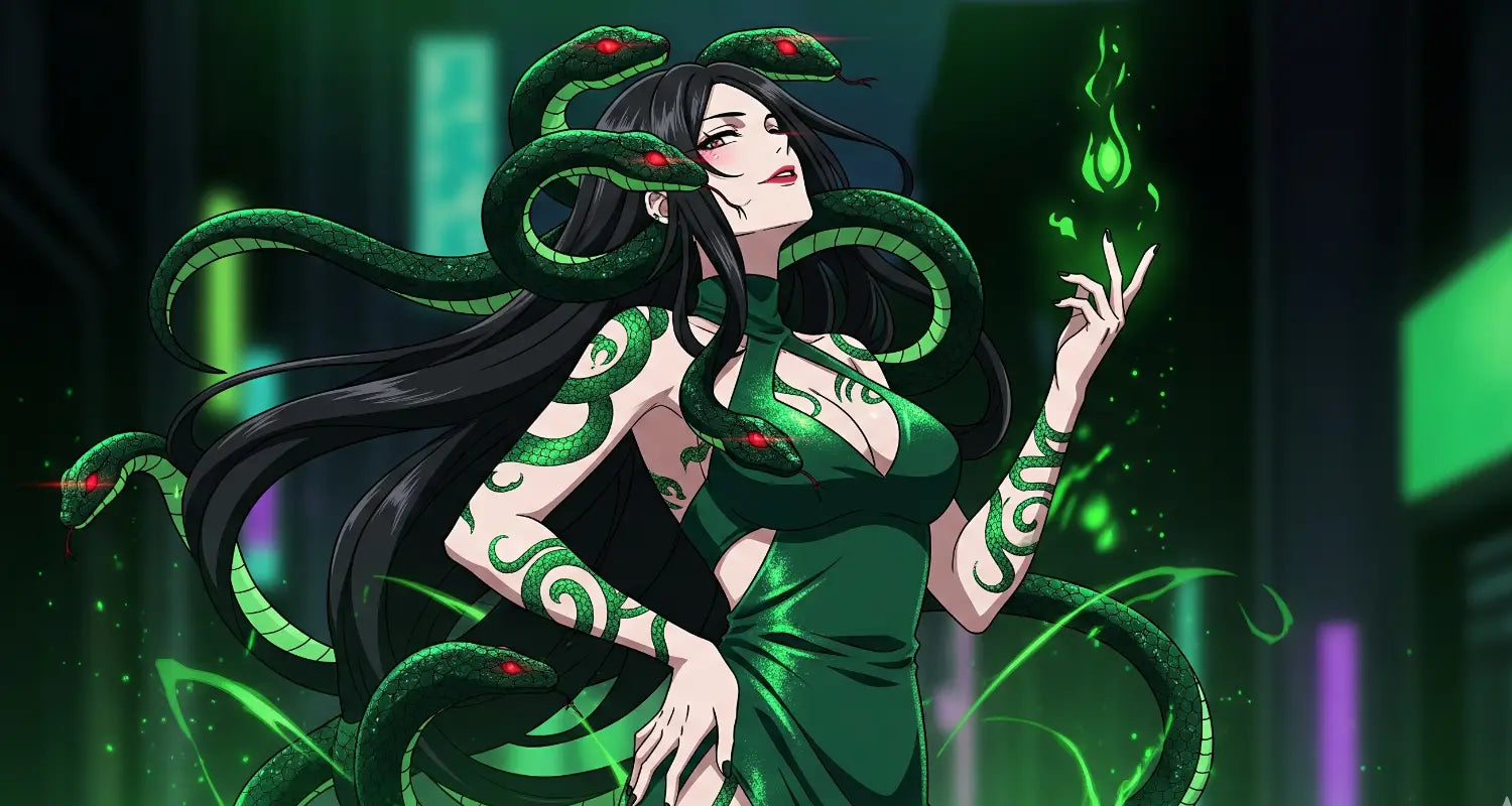 Modern Medusa with long dark snake hair and tattoos, embodying strength and pleasure in a city setting.