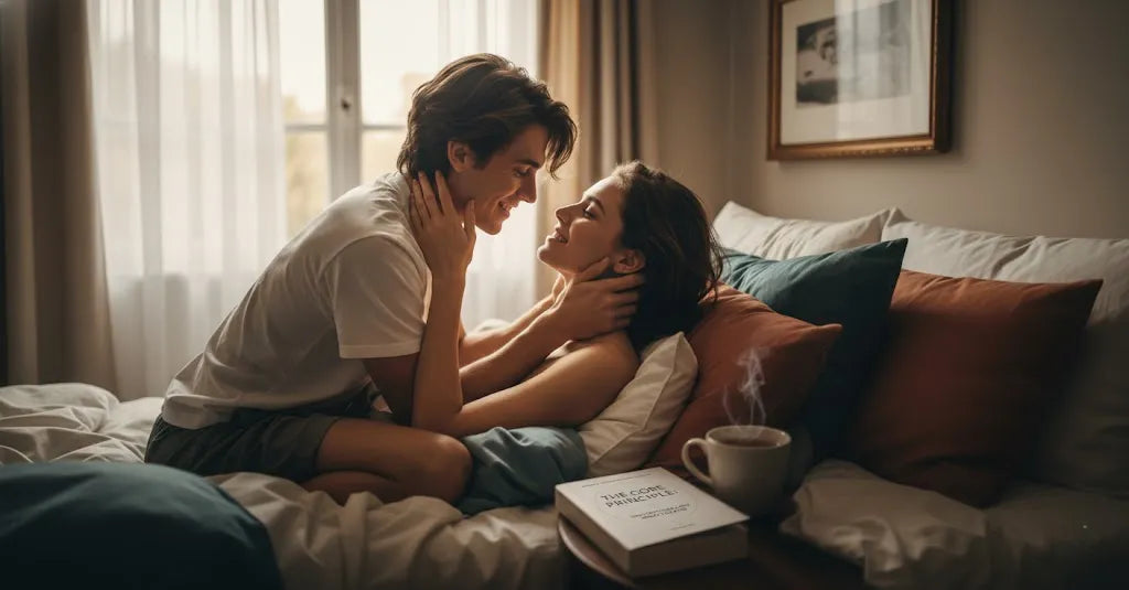 A couple in bed embodying the core principle of connection over performance, sharing an intimate moment of genuine presence as they gaze lovingly at each other.