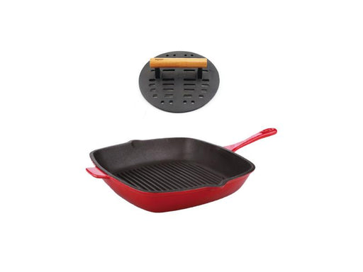  BergHOFF 2Pc Enameled Cast Iron 10 Fry Pan, 10 Grill Pan Set, Induction  Cooktop Ready, Oven Safe Up to 400°F, Red: Home & Kitchen