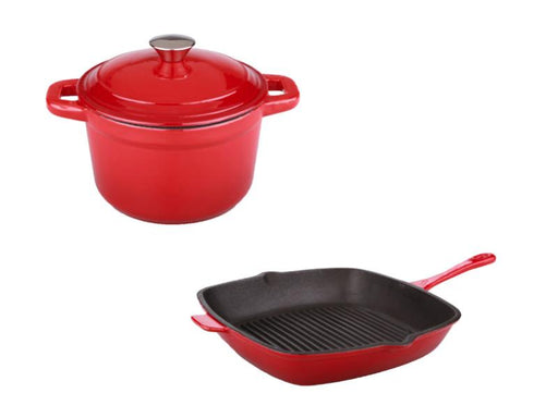 BergHOFF Neo 3PC Cast Iron Set: 3qt. Covered Dutch Oven & 11 Grill Pan, Pink