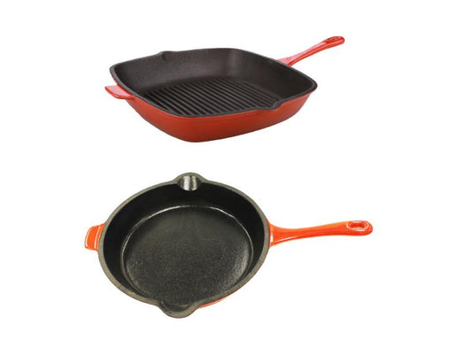  BergHOFF 2Pc Enameled Cast Iron 10 Fry Pan, 10 Grill Pan Set, Induction  Cooktop Ready, Oven Safe Up to 400°F, Red: Home & Kitchen