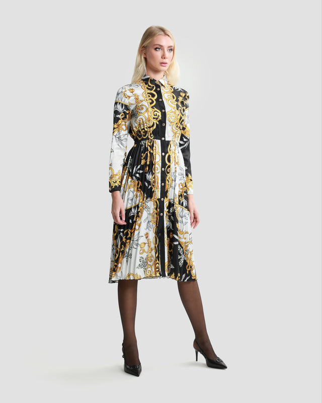 Picture of Contrasted Ornamental Print Midi Dress