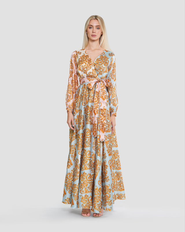 Picture of Baroque Motif Wrap-Effect Maxi Dress