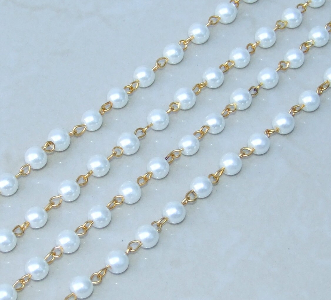 White Pearl Rosary Chain, 1 Meter, Bulk Chain, Round Glass Beads, Beaded Chain, Body Chain, Gold Chain, Necklace Chain, Belly Chain, 6mm, 02