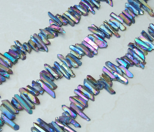 BEADIA Rainbow Titanium Coated Crystal Quartz Spike Point Stick Beads Rough  0.6-0.8 for Jewelry Making 15 Inch/Strand