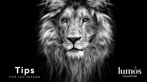 black and white image of a lion with text that says "tips for leo season" and the lumos collective logo