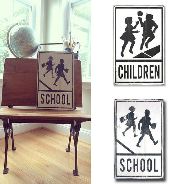 children at play school crossing vintage inspired signs