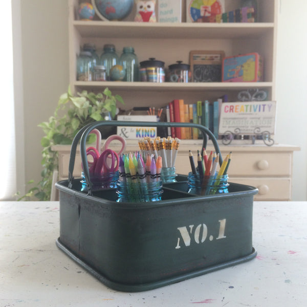 metal bin with craft or school supplies - perfect teacher gift
