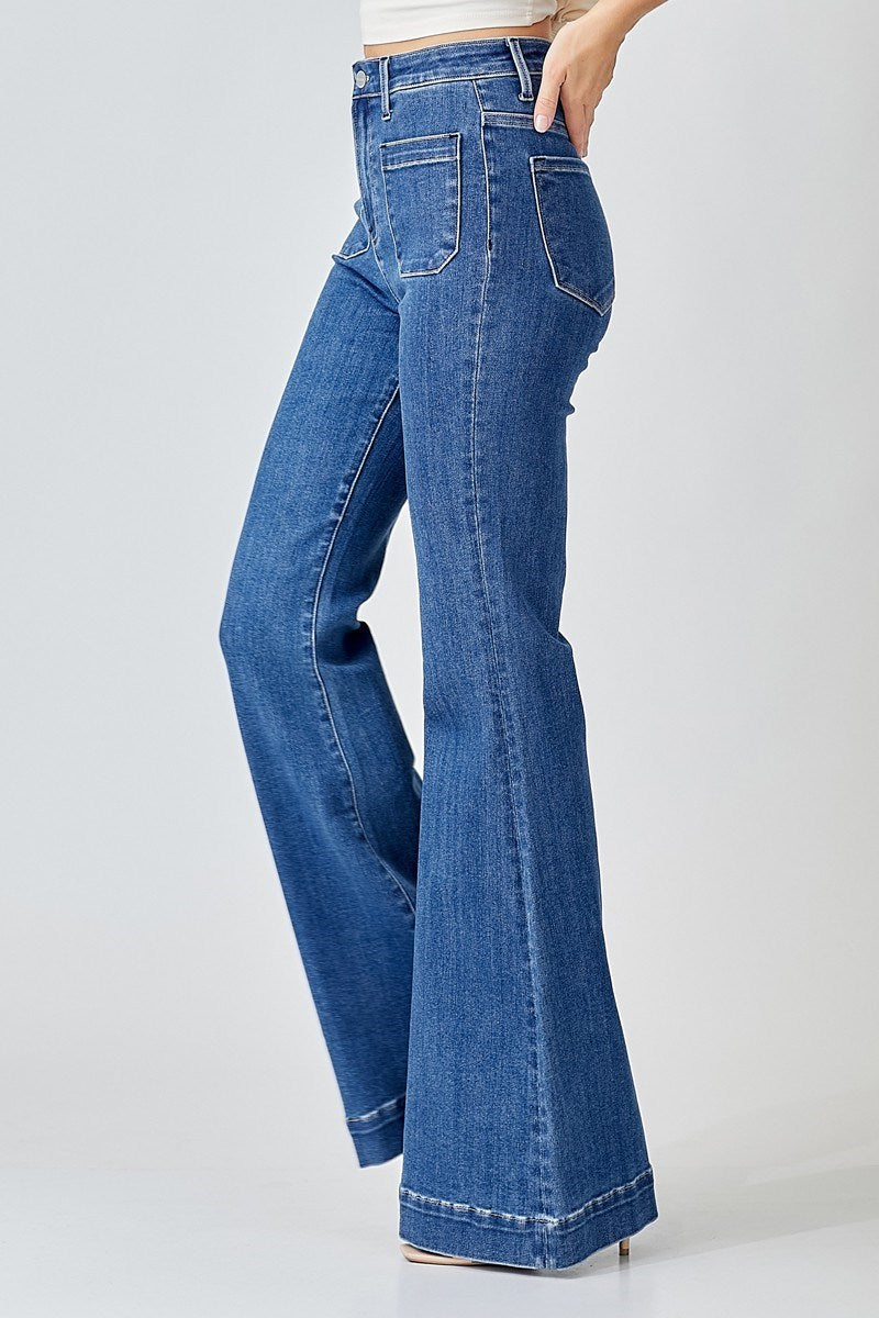 High-Rise Patched Pocket Front Flare Jeans Risen – Kramer Drive