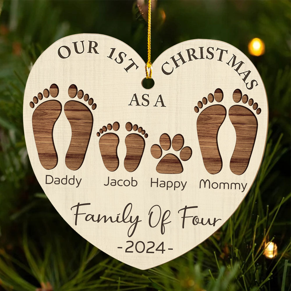 First Christmas As A Family Footprints - Personalized Custom Wood Ornament - Wrappiness Gifts product image