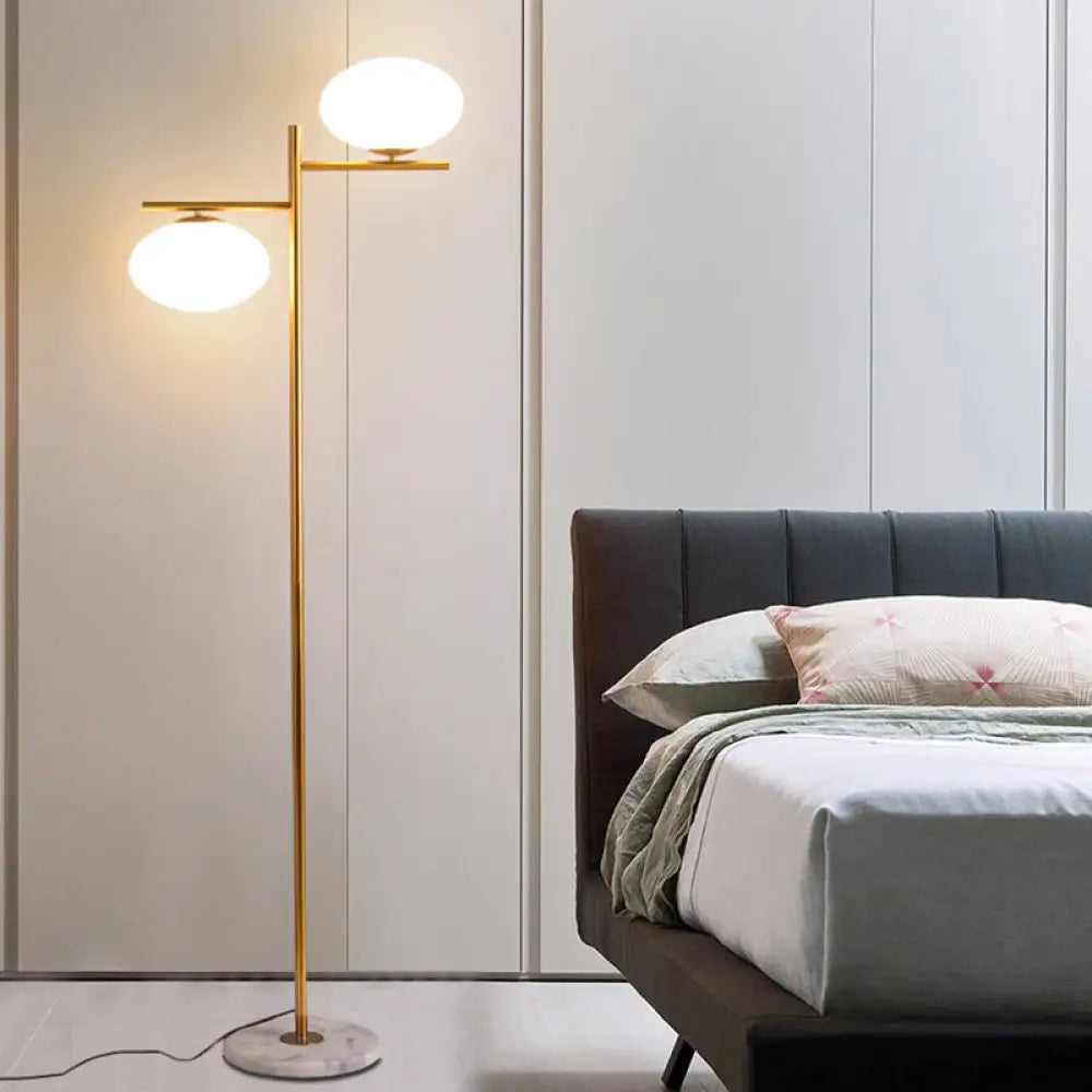 2-Head Nordic Glass Floor Lamp with Gold Globe for Bedroom Reading