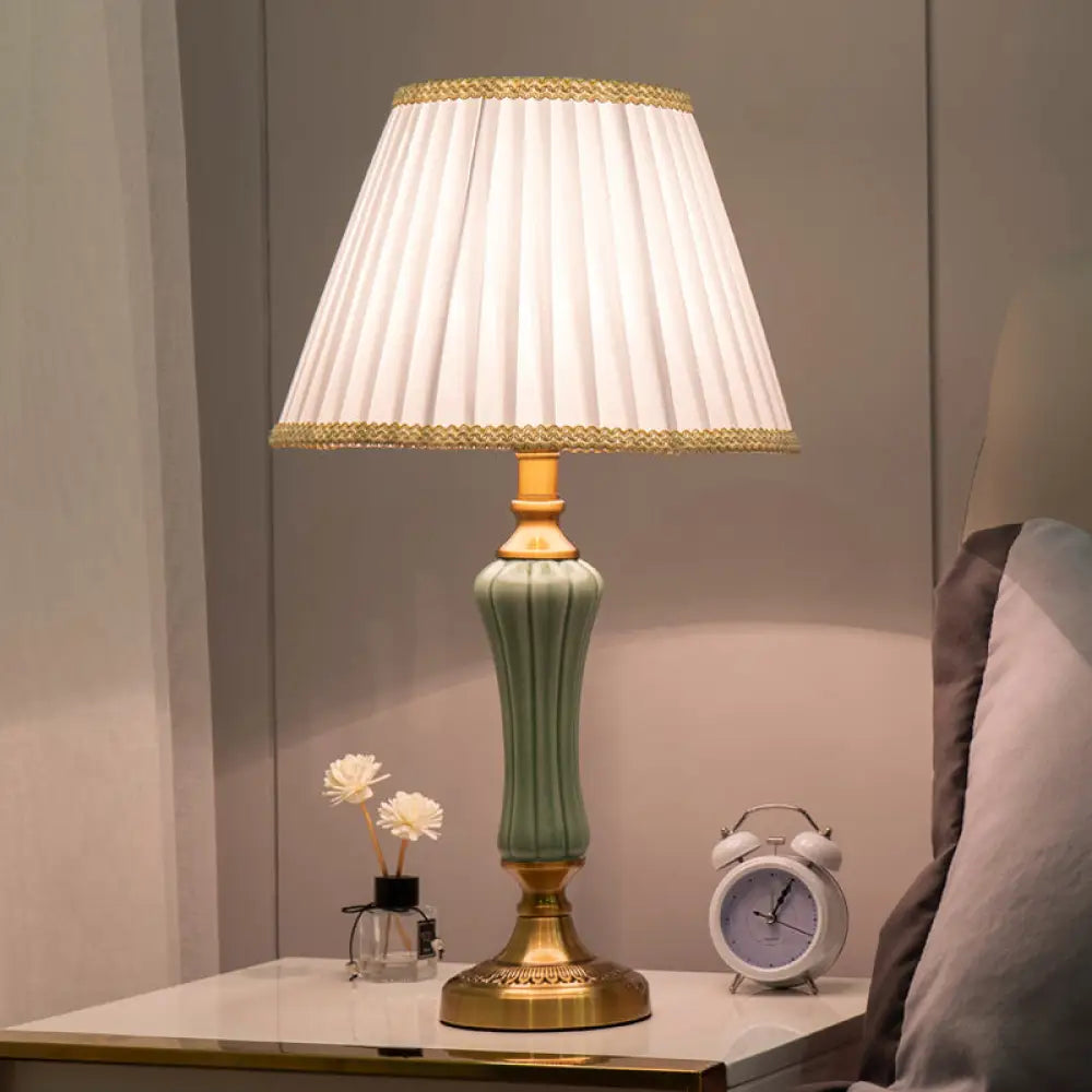 Modern 1-Bulb Green Nightstand Lamp with Empire Shade and Fabric Border