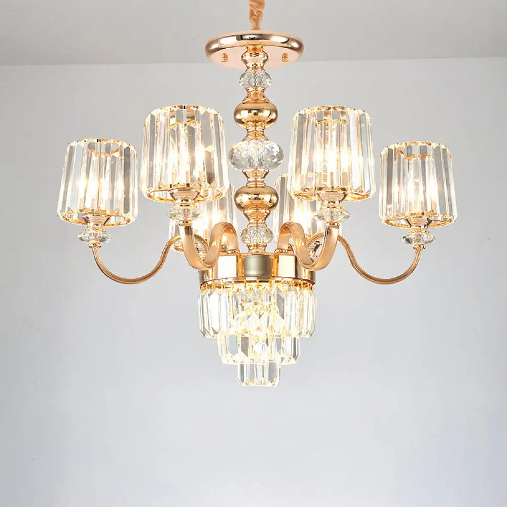 Transitional Rose Gold Pendant Light with Crystal Block Chandelier